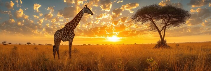 Majestic Giraffe at Dusk - obrazy, fototapety, plakaty