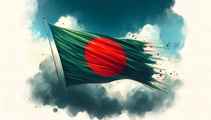 Watercolor style flag of bangladesh waving in the air against a sky with clouds for independence day.