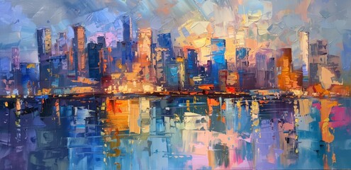 A detailed painting depicting a cityscape with towering skyscrapers, bustling streets, and lively urban activity. - obrazy, fototapety, plakaty