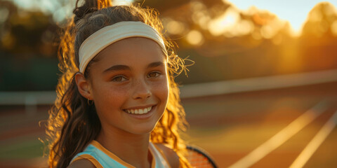 An outdoor tennis court at sunset, where a smiling young girl with a headband and tennis attire stands ready to play, the sunlight highlighting her silhouette as she holds up her racket - Powered by Adobe