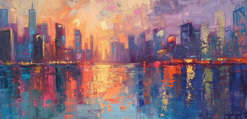 A painting of a city skyline at dusk with warm hues in the sky and buildings silhouetted against the fading light.