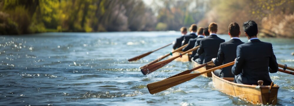 Group of businessmen in suits row oars in a boat on the river at competition, concept of perfect candidate and team building work with colleagues.