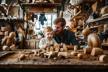 baby plays with his dad's wooden toys in the carpentry workshop - obrazy, fototapety, plakaty