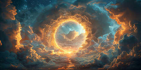 Alone door opening into the sky, encircled by soft, billowing clouds and a halo of divine light, with the contrasting serenity of a starry night sky - obrazy, fototapety, plakaty