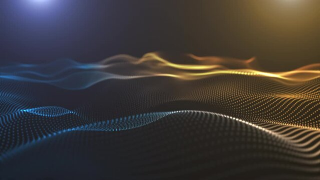 Abstract wave technology from particles. Big data visualization. Blue and gold gradient. Dark background with moving dots and lines. Artificial intelligence. 3d rendering. 4К