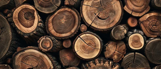 Fototapeten Close-up view of stacked wood logs, highlighting the intricate patterns of tree rings and textures © Lidok_L