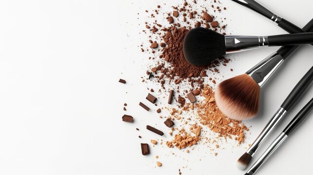 A brush and cosmetics are isolated against a white background, seen from above