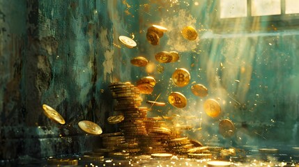 A pile of gold Bitcoin is falling from the sky