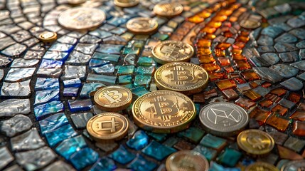 A mosaic of coins with a Bitcoin on one of them