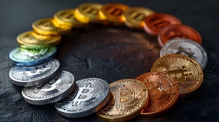 A collection of colored coins with the Bitcoin on them