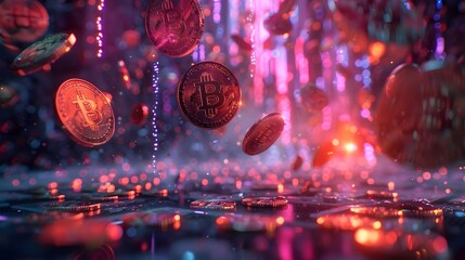 A bunch of Bitcoin are falling from the sky in a colorful, neon environment