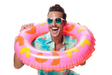 Portrait happy man with summer holiday beach outfits isolated on transparent background for realax at beach on vacation, travel and holidays vacation concept.