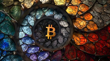 A colorful stained glass window with a gold Bitcoin on it