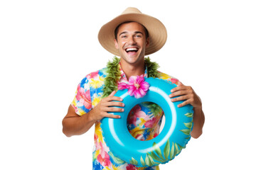 Portrait happy man with summer holiday beach outfits isolated on transparent background for realax at beach on vacation, travel and holidays vacation concept.