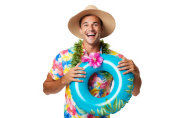 Portrait happy man with summer holiday beach outfits isolated on transparent background for realax at beach on vacation, travel and holidays vacation concept.