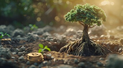 A small tree is growing in the dirt next to a pile of Bitcoins