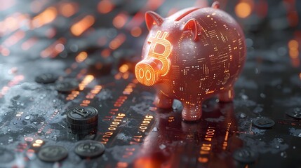 A pig is sitting on a table with a bunch of coins