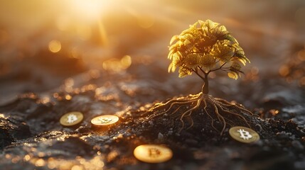 A tree with roots and a pile of Bitcoins on the ground