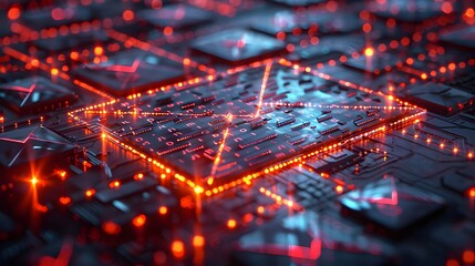 A computer chip with a red outline and glowing lights