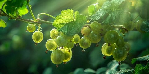 A cluster of fresh green gooseberry hanging from a tree, soaked in sunlight. The vibrant fruits are...