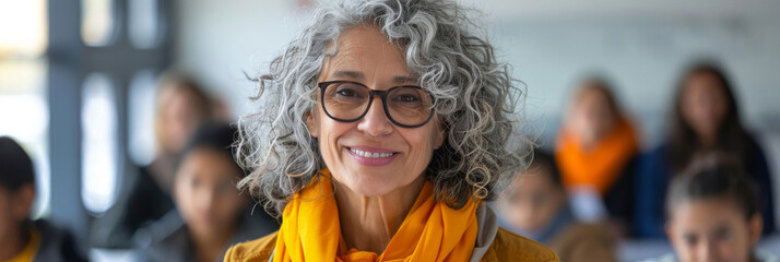 A woman with curly grey hair is smiling while wearing glasses. She exudes confidence and style in her attire