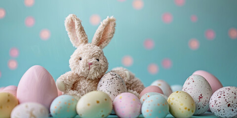 A photo displaying a stuffed rabbit with floppy ears sitting in front of a group of colorful painted eggs. The rabbit is facing the camera, creating a charming Easter-themed scene