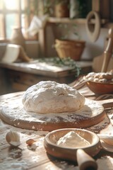 kneaded dough on a wooden table. natural style, rustic atmosphere