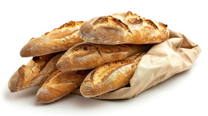 several baguettes stacked on top of each other in a paper bag