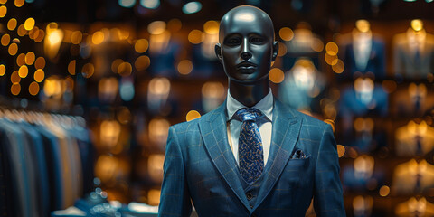 Fototapeta na wymiar A mannequin is displayed in a store window, dressed in a fitted blue suit and tie. The formal attire showcases the style and sophistication of mens fashion