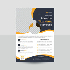 Corporate business flyer design template with orange & black and white background in A4 size with natural shapes leaflet.