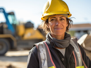 woman working on a construction site, construction hard hat and work vest, smirking, middle aged or older