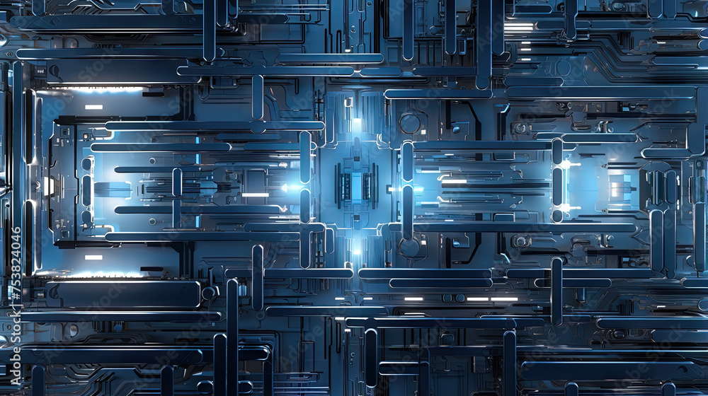 Poster Background with metallic panels texture, wires and circuit. Spaceship hull wall technology background.