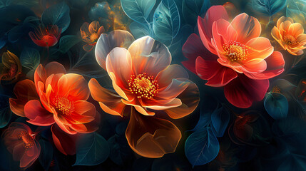 Abstract 3D dark background with colorful flowers - obrazy, fototapety, plakaty
