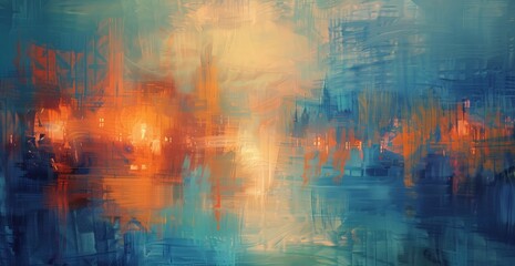 Abstract painting featuring vibrant blue and orange colors blending together in bold brush strokes.