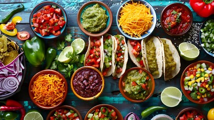 A colorful taco bar with an assortment of fillings, toppings, and salsas - obrazy, fototapety, plakaty
