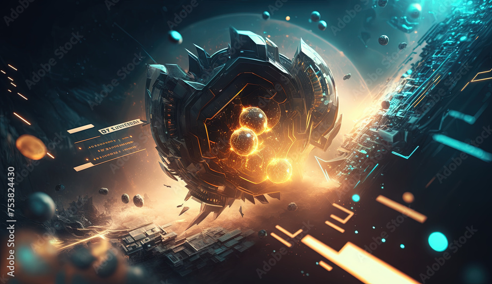 Aufkleber colorful explosion of sci-fi engine and particles. technology abstract with scientific device blast.