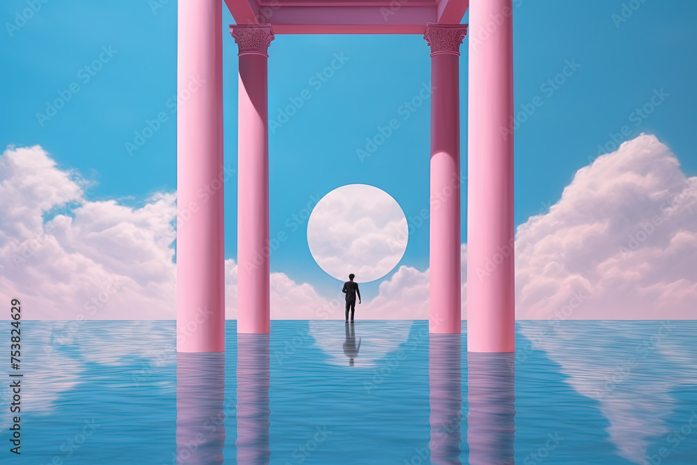 Poster surreal vaporwave landscape with abstract architecture elements on the water. dreamy landscape.