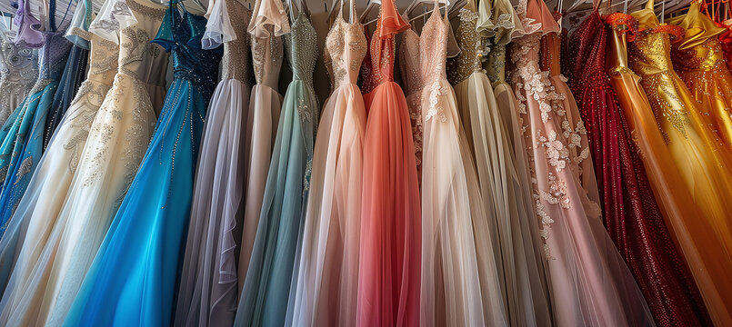 Many beautiful elegant evening dresses for sale in a luxury modern boutique