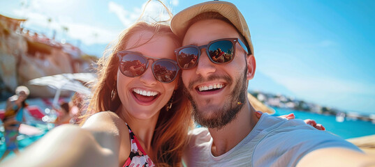 Joyful young couple taking selfie during sunny vacation
