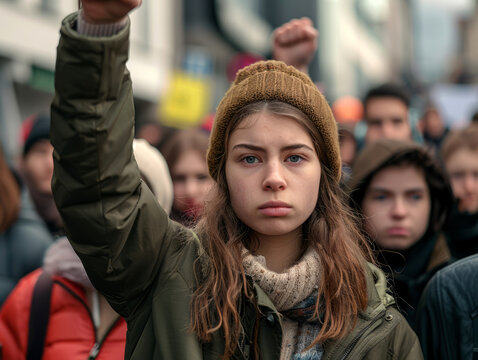 activist girl protest in the street in the crowd.
