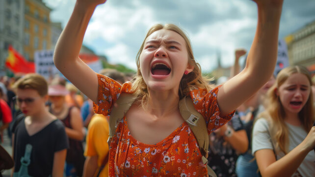 activist girl protest in the street in the crowd.