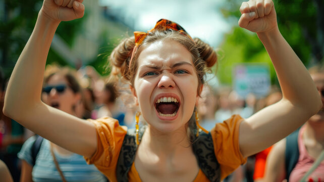 activist girl protest in the street in the crowd.