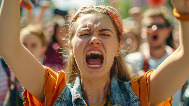 activist girl protest in the street in the crowd.