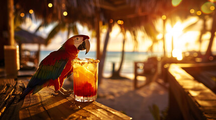 golden hour beach bar with a tropical cocktail and a mischievous Macaw parrot