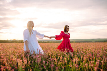 Two Beautiful women in blooming a field. Summer landscape. Fashion, style concept.
