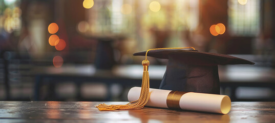 Graduation academic hat and certificate on the table