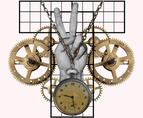 Collage with hand showing victory sign and clock