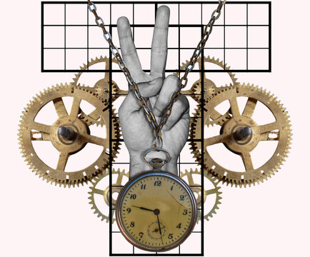 Collage with hand showing victory sign and clock