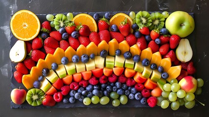 A colorful fruit platter arranged in the shape of a rainbow