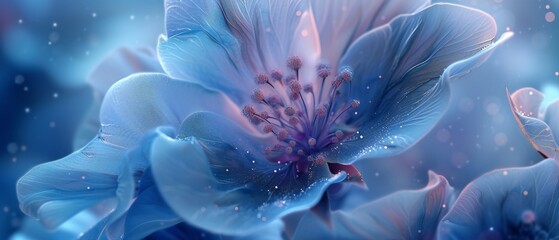 Cosmic Essence: Macro reveals the essence of the cosmos infused with wildflower bluebell petals,...